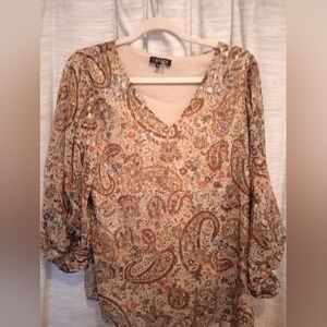 1. State Shimmer Gold Tan Red Paisley Blouse